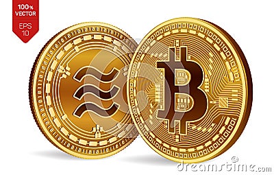 Bitcoin and Libra. 3D isometric Physical coins. Digital currency. Cryptocurrency. Golden coins with Bitcoin and Libra symbol Cartoon Illustration