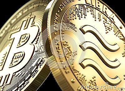 Bitcoin and Libra - recently announced cryptocurrency. Concept design coin. 3D illustration Editorial Stock Photo