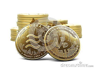 Bitcoin and Libra - recently announced cryptocurrency in front of other coins stacks and piles. Concept design coin isolated on Editorial Stock Photo