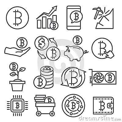 Bitcoin line icons set on white background Vector Illustration