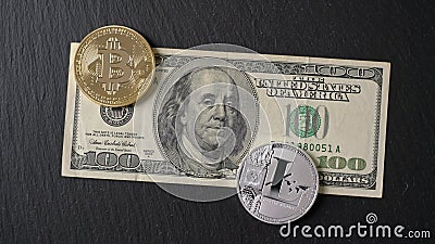 Bitcoin, Litecoin Cryptocurrency Equivalent To Dollar, a Banknote of  Hundred Units. Future Virtual Currency Concept. on Stock Footage - Video of  bank, payment: 210506870