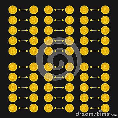 Bitcoin, Litecoin, Dollar, Euro and other Currency Exchange Sign with Arrows. Vector Vector Illustration