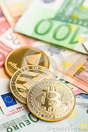 Bitcoin , litecoin and ethereum. Cryptocurrency and euro currency. Editorial Stock Photo