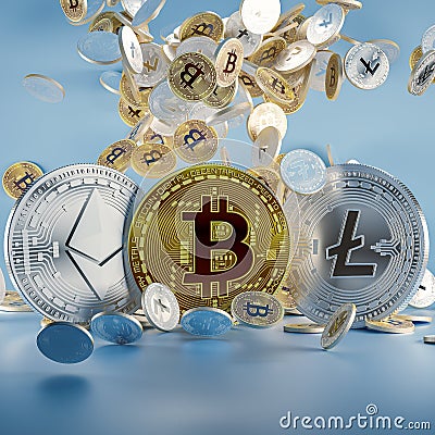 Bitcoin, Litecoin and Ethereum - three most popular cryptocurrencies isolated on white background. 3D rendering Editorial Stock Photo