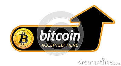 Bitcoin logo of crypto currency with an inscription accepted here on a black background. Block sticker for slabbarking Vector Illustration