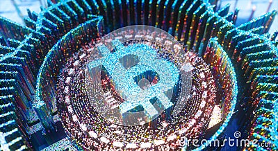Bitcoin Logo Digital Art. Cryptocurrency Symbol Futuristic 3D Illustration. Crypto Background Stock Photo