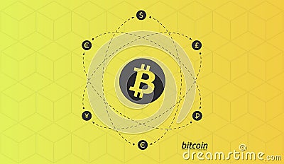 Bitcoin logo and signs of other currencies with exchange lines. Vector Illustration