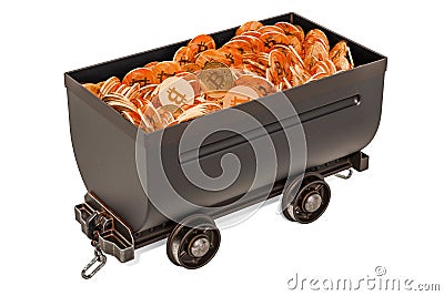 Bitcoin mining concept. Mine cart full of bitcoins, 3D rendering Stock Photo