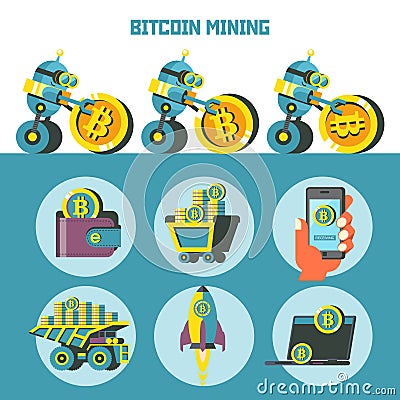 Bitcoin mining. Cute robot produces bitcoins. Vector illustration. Vector Illustration