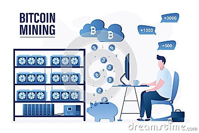 Bitcoin mining farm. Videocards earn crypto currency. Trader or miner at workplace. Mining Cryptocurrency Vector Illustration