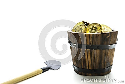 Bitcoin Mining, Golden bitcoins in hand. Digital symbol of a new virtual currency on isolate background. Stock Photo