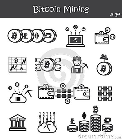 Bitcoin mining icon set 1 Vector Illustration