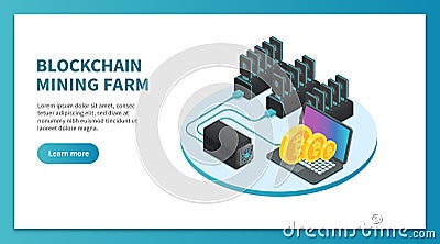 Bitcoin mining isometric concept. Cryptocurrency mining farm, bitcoin marketplace platform. Crypto business vector Vector Illustration