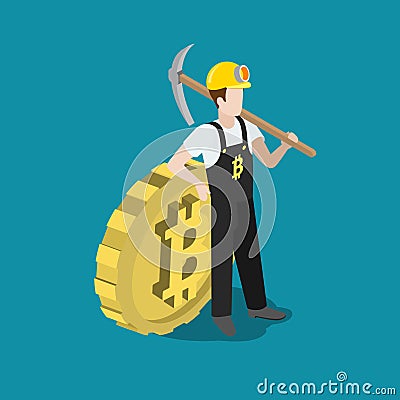 Bitcoin mining miner pick bit coin flat 3d vector isometric Vector Illustration