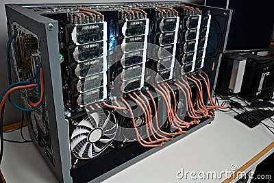 bitcoin mining rig, with gpus and asics crunching numbers Stock Photo