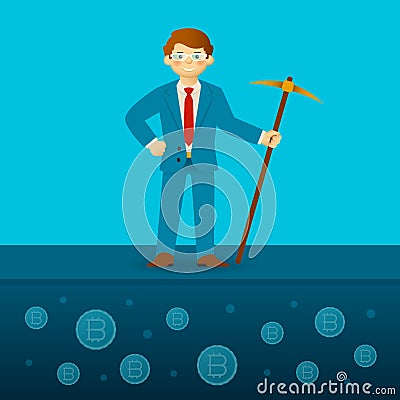 Bitcoin mining vector concept with pick and pit Vector Illustration