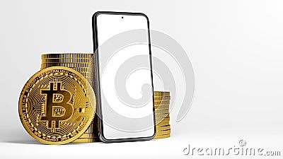 A Bitcoin and mobile phone mockup next to stacks of Bitcoins isolated on a white background and copy space. 3D rendering of Cartoon Illustration