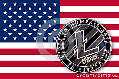 3D illustration coin litecoin on the flag of USA Stock Photo