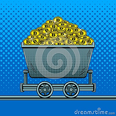 Bitcoin money in miner trolley pop art vector Vector Illustration