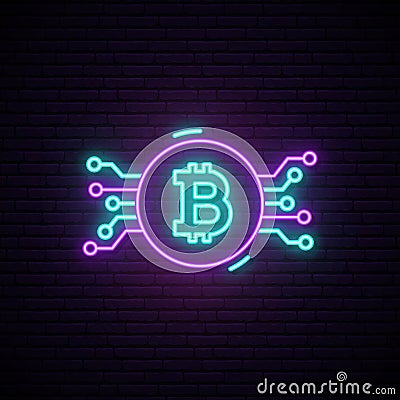 Bitcoin neon sign. Night bright advertisement. Vector Illustration