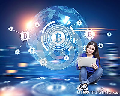 Bitcoin network, HUD, world map, blurred, woman Stock Photo