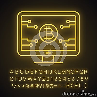 Bitcoin official webpage neon light icon Vector Illustration