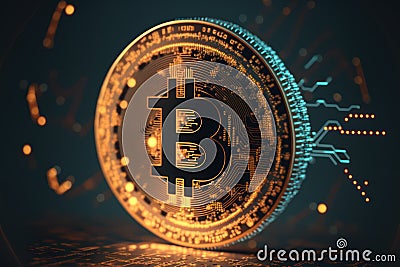 Bitcoin over a microprocessor in a motherboard. With copy space and selective focusing. Concept for crypto currency, mining, techn Stock Photo