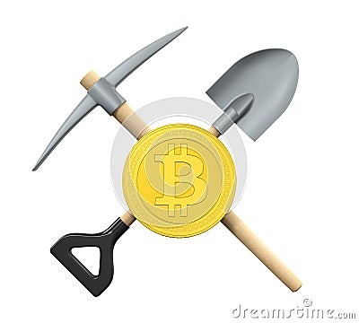 Bitcoin, Pick Axe and Shovel Isolated Stock Photo