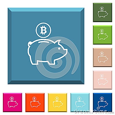 Bitcoin piggy bank white icons on edged square buttons Stock Photo