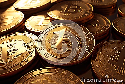 Bitcoin pile background, digital crypto currency bit coins close-up, generative AI Stock Photo