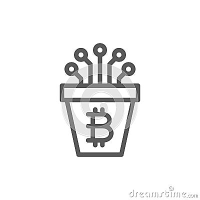 Bitcoin pot with closed contacts, blockchain, cryptocurrency line icon. Vector Illustration