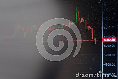 Bitcoin price drop. The volatility of the cryptocurrency concept. Candle chart of the rise and fall of prices Stock Photo