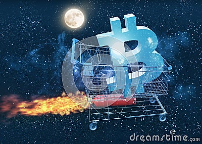 Bitcoin price going to the moon concept Cartoon Illustration