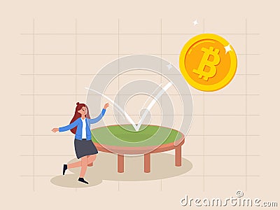 Bitcoin price rebound concept, crypto currency bounce back to rising up after falling down , businesswoman jumping for Vector Illustration