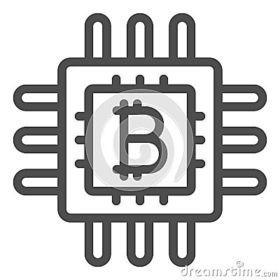Bitcoin processor chip line icon, mining data concept. Vector graphics. Integrated circuit microchip with coin sign on Vector Illustration