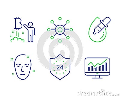 Bitcoin project, 24 hours and Eye drops icons set. Multichannel, Health skin and Statistics signs. Vector Vector Illustration