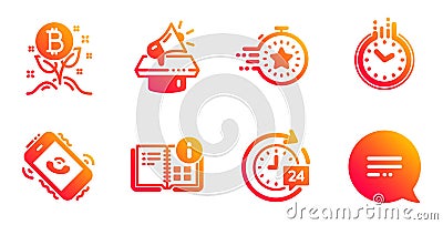 Bitcoin project, Megaphone and Instruction info icons set. Time, Call center and Timer signs. Vector Vector Illustration