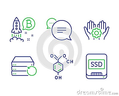Bitcoin project, Text message and Employee hand icons set. Chemical formula, Recovery server and Ssd signs. Vector Vector Illustration