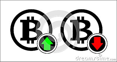 Bitcoin rate and falling icon with down arrow. Exchange indicating growth and a drop in prices and profits. Concept of purchase of Vector Illustration