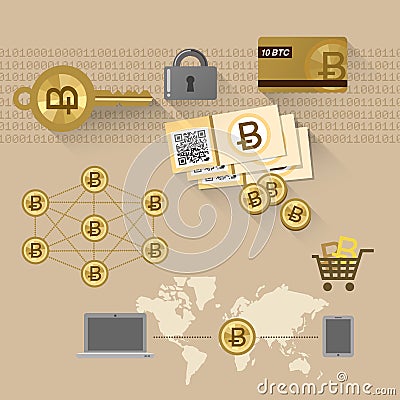 Bitcoin related items - P2P system, secure key Vector Illustration