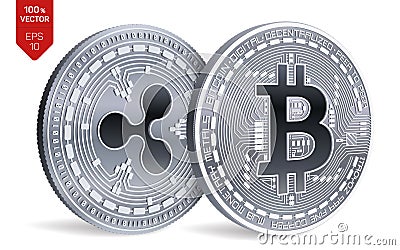 Bitcoin and Ripple. 3D isometric Physical coins. Digital currency. Cryptocurrency. Vector illustration. Vector Illustration