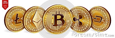 Bitcoin. Ripple. Ethereum. Dash. Litecoin. 3D isometric Physical coins. Crypto currency. Golden coins with bitcoin, ripple, ethere Editorial Stock Photo