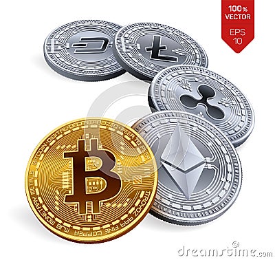 Bitcoin. Ripple. Ethereum. Dash. Litecoin. 3D isometric Physical coins. Crypto currency. Golden and Silver coins with bitcoin, rip Editorial Stock Photo