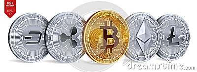 Bitcoin. Ripple. Ethereum. Dash. Litecoin. 3D isometric Physical coins. Crypto currency. Golden and Silver coins with bitcoin, rip Editorial Stock Photo