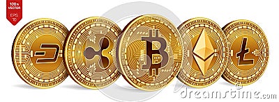 Bitcoin. Ripple. Ethereum. Dash. Litecoin. 3D isometric Physical coins. Crypto currency. Golden coins with bitcoin Vector Illustration