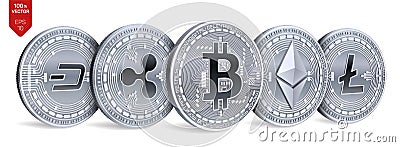 Bitcoin. Ripple. Ethereum. Dash. Litecoin. 3D isometric Physical coins. Crypto currency. Silver coins with bitcoin, ripple, ethere Cartoon Illustration