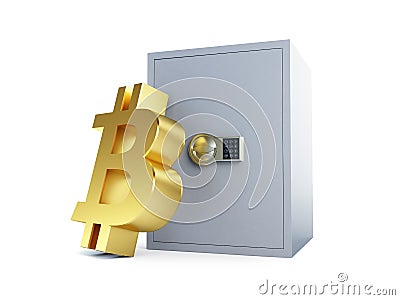 Bitcoin safe on a white background 3D illustration, 3D rendering Cartoon Illustration