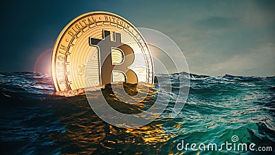 Bitcoin in the wild waves of the Sea Cartoon Illustration