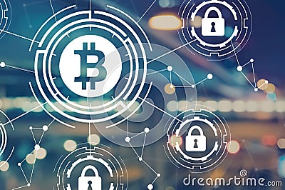 Bitcoin security theme with blurred city lights Stock Photo