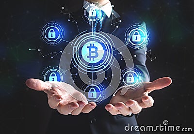 Bitcoin Security Theme with businessman Stock Photo